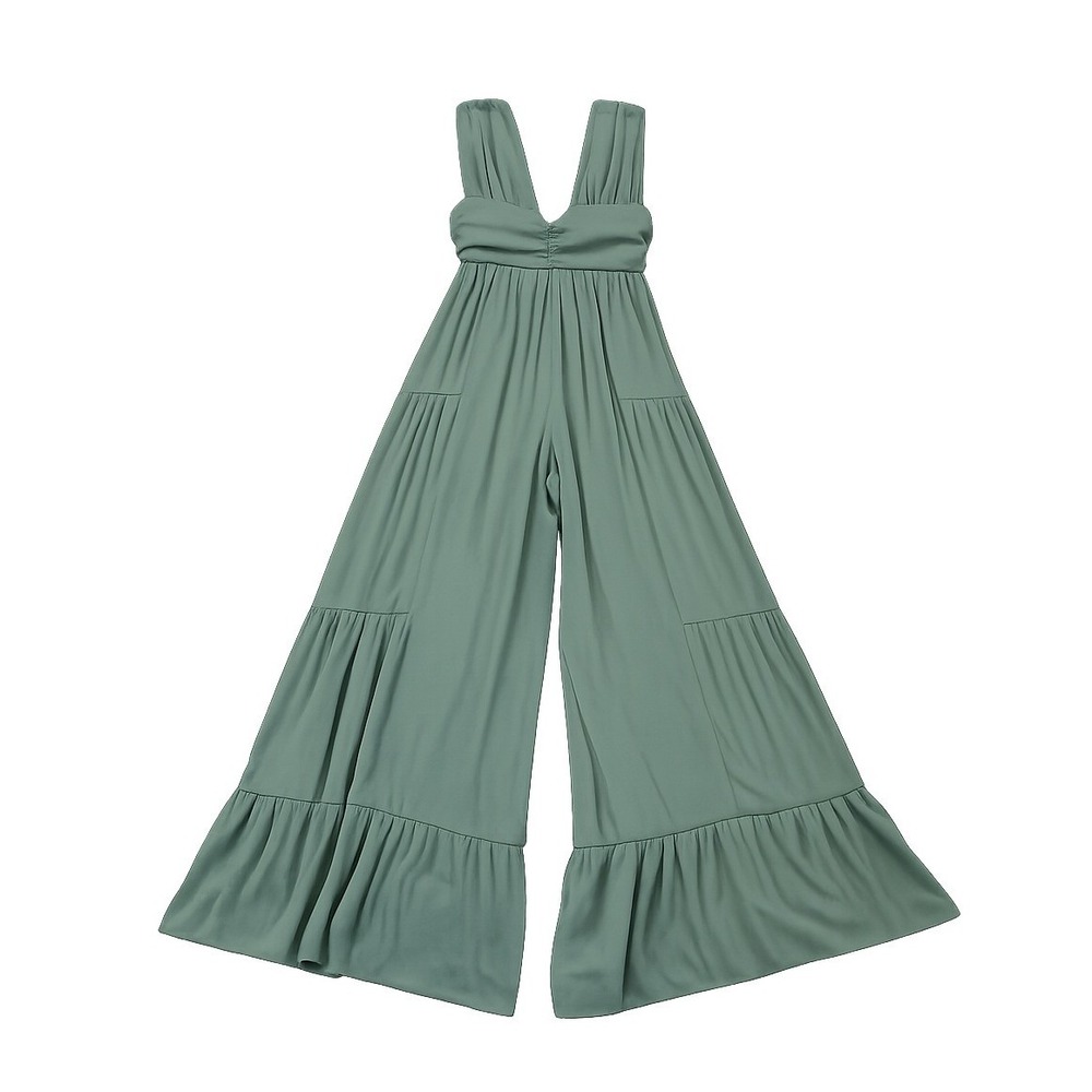 Sage Green Linen Look Plunge Tiered Wide Leg Jumpsuit Women 6 Boho Festival - Picture 5 of 6